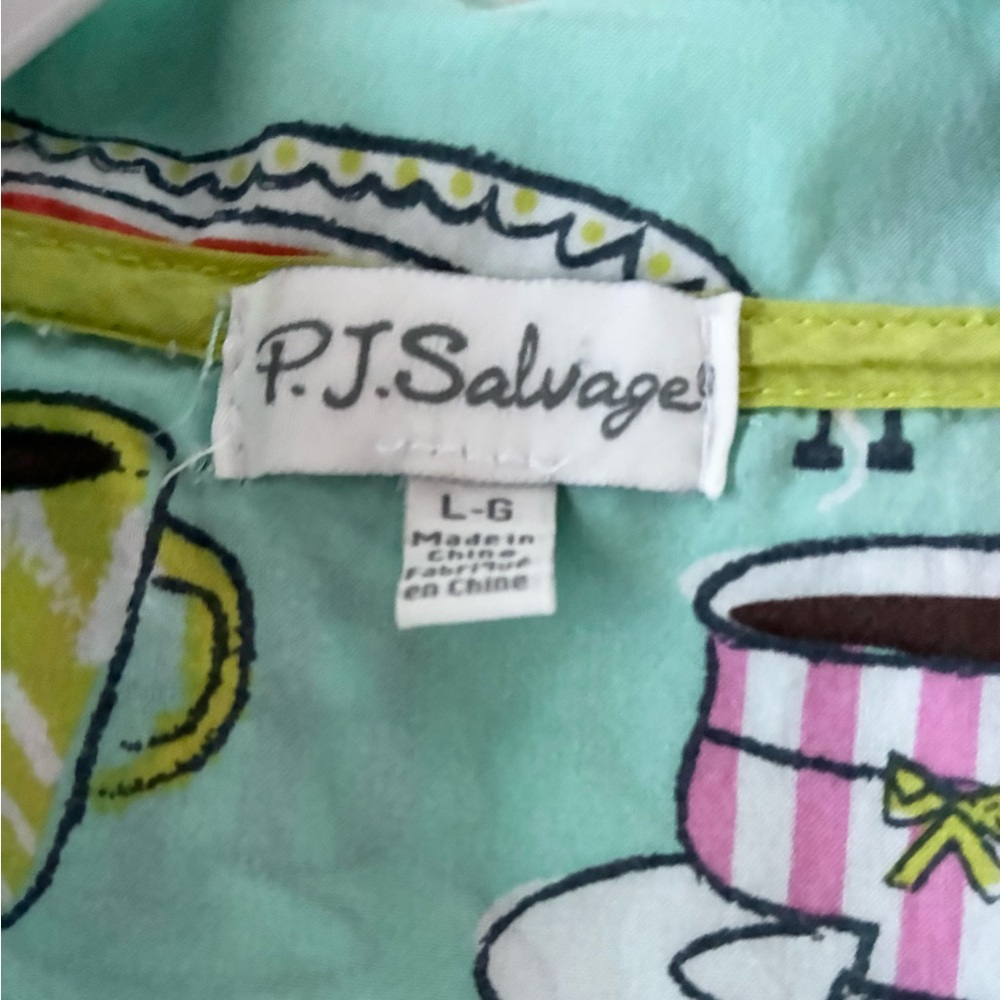 P.J. Salvage Cotton Pajama Set Short Sleeve Morning Breakfast Coffee Teal Size L - Picture 9 of 15